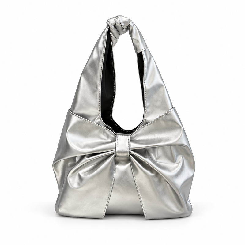 Metallic Bow Knot Silver Shoulder Bag-4