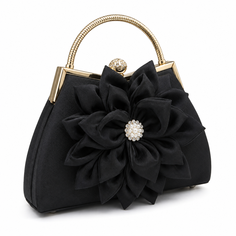 Elegant Black Floral Evening Handbag with Gold Handle and Pearl Accent-4