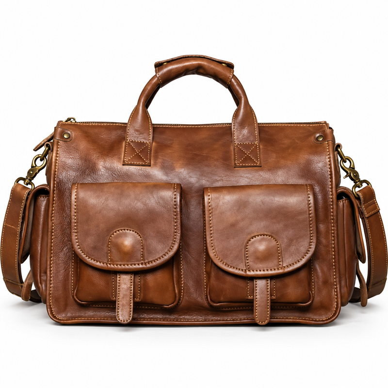 Vintage Brown Double Pocket Briefcase Bag-4
