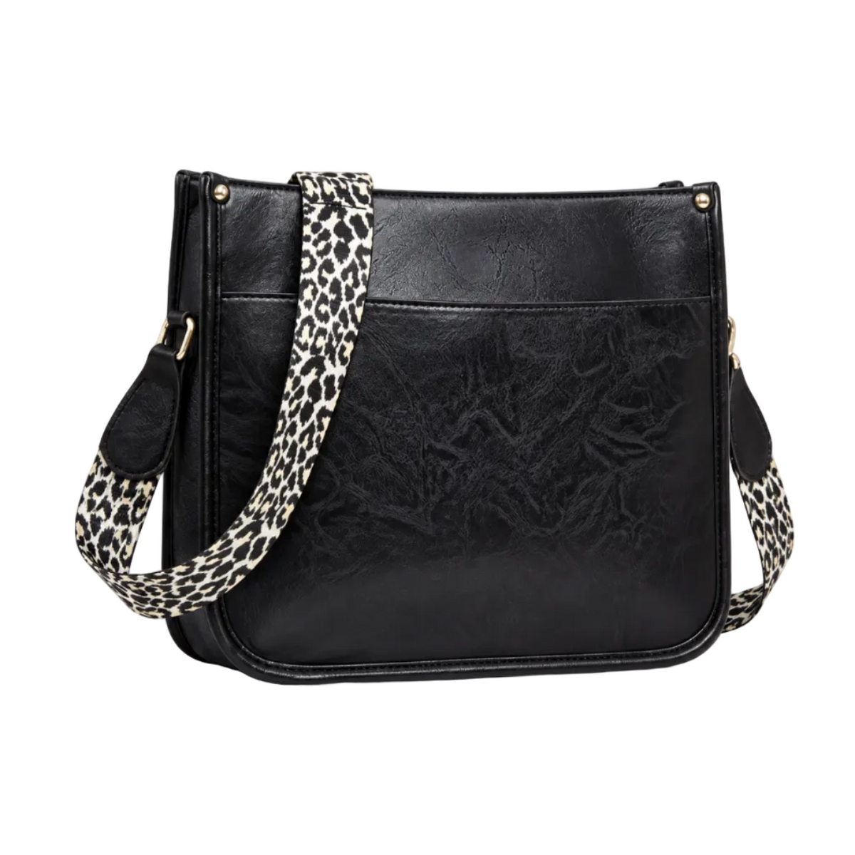 Black Crossbody Bag With Leopard Strap-1