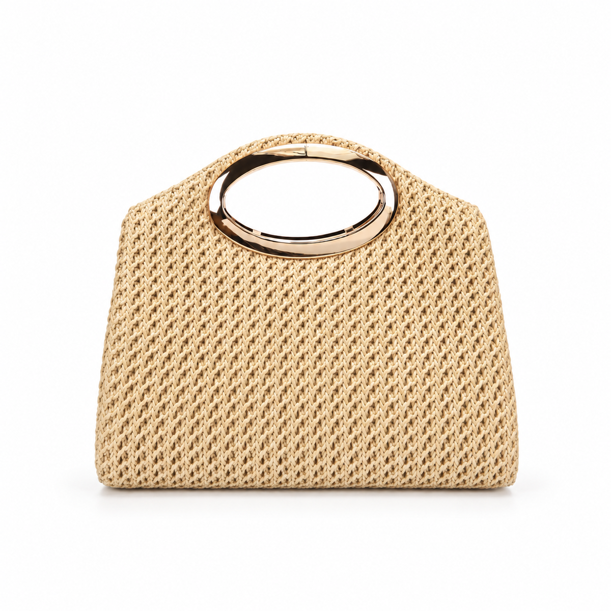 Natural Woven Raffia Gold Handle Handbag-4