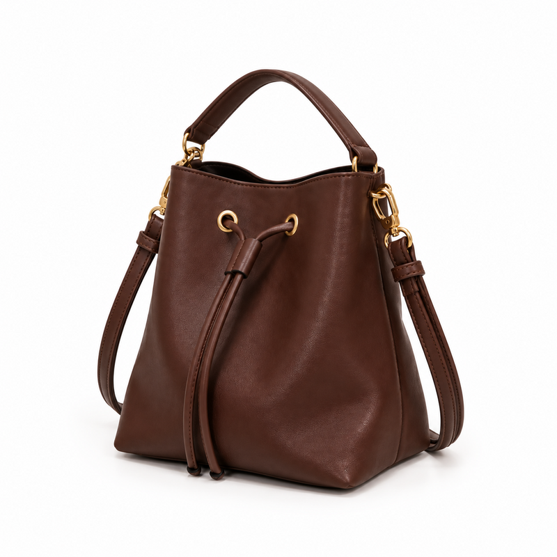 Elegant Brown Drawstring Bucket Shoulder Bag-4