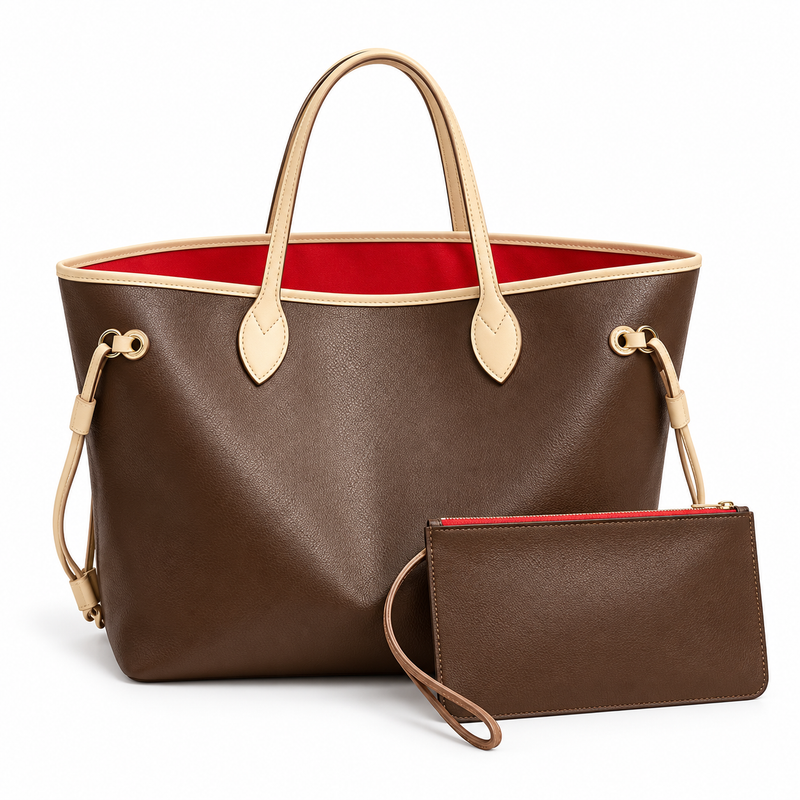 Chocolate Brown Leather Canvas Tote Bag-4