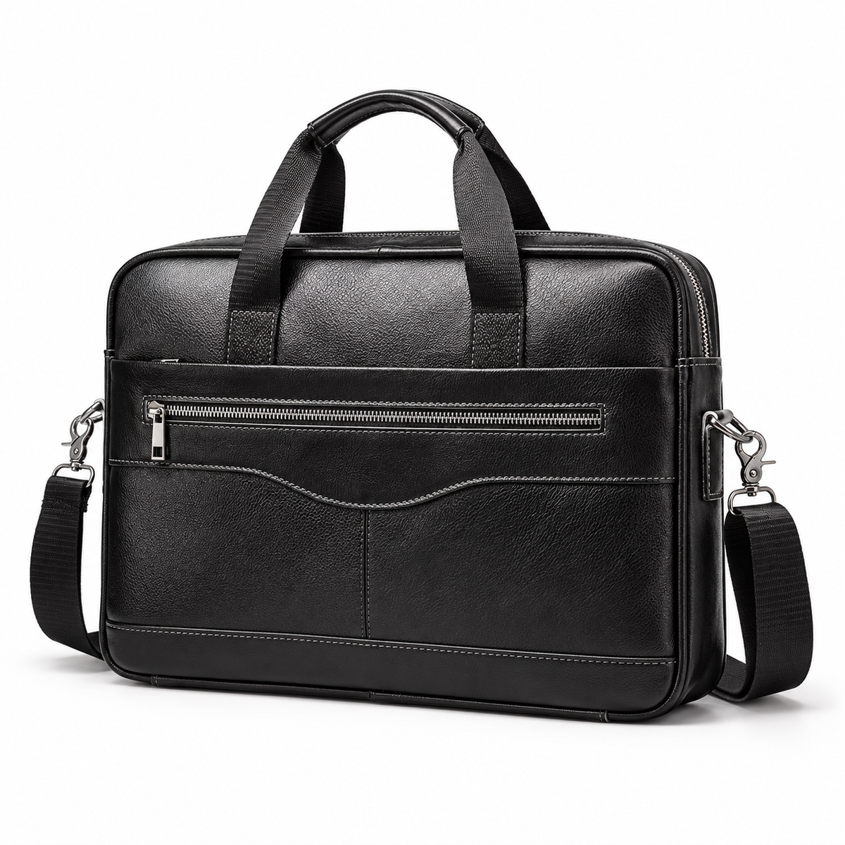 Classic Black Leather Briefcase With Strap-3
