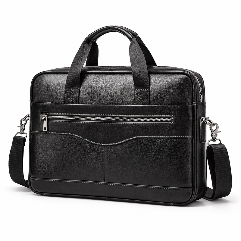 Classic Black Leather Briefcase With Strap-3