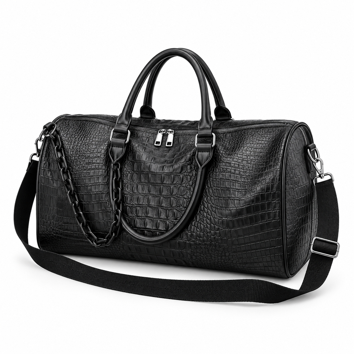Black Crocodile Embossed Leather Duffel Bag-3