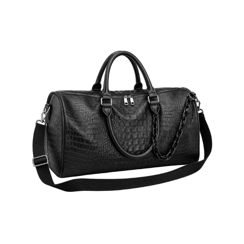 Black Crocodile Embossed Leather Duffel Bag-1