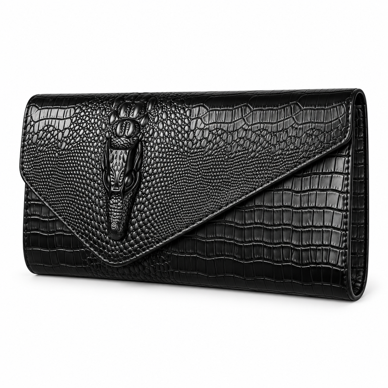 Black Crocodile Embossed Envelope Evening Clutch-4
