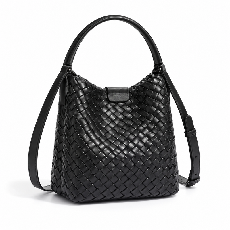 Elegant Black Woven Bucket Shoulder Bag-1