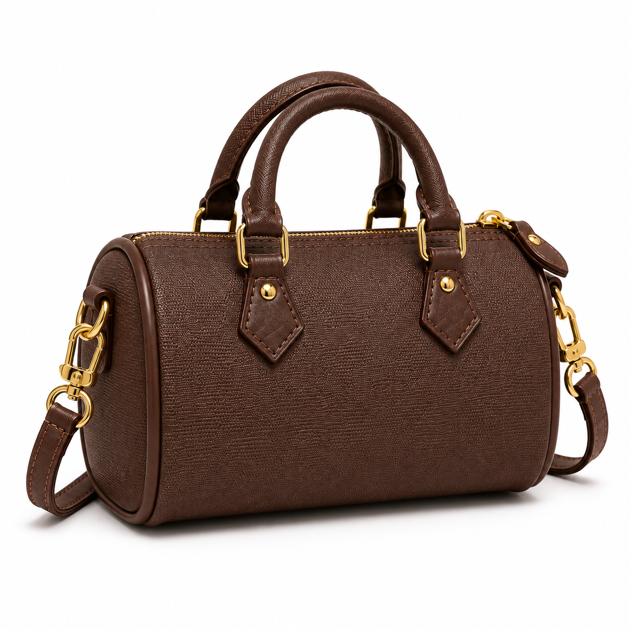 Chocolate Brown Textured Barrel Handbag-2