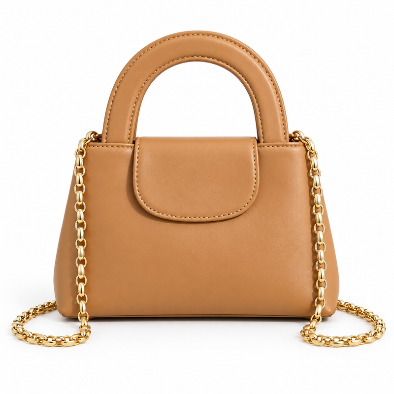 Camel Vegan Leather Chain Handle Handbag-4