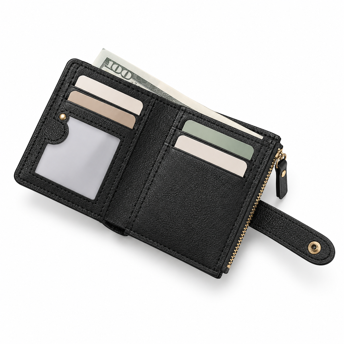 Classic Black Bifold Wallet With Zippers-3