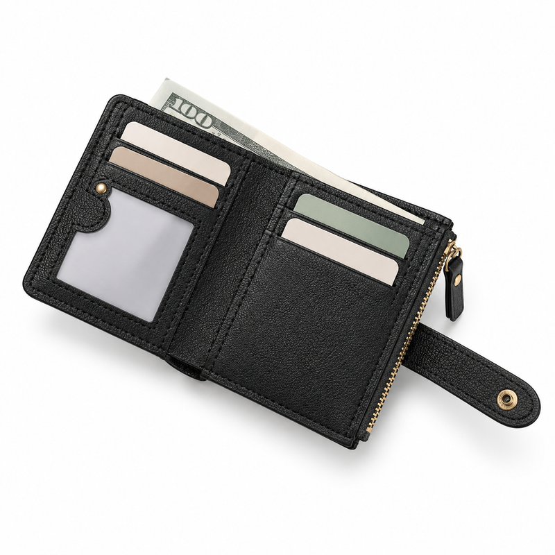 Classic Black Bifold Wallet With Zippers-3