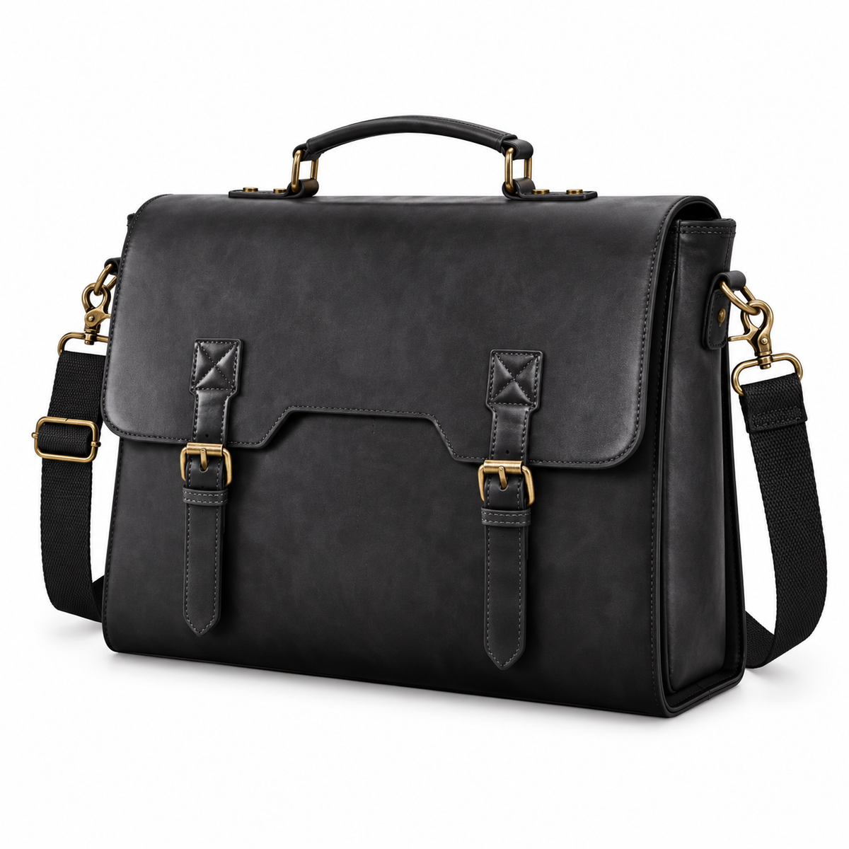 Vintage Black Leather Briefcase With Buckles-2