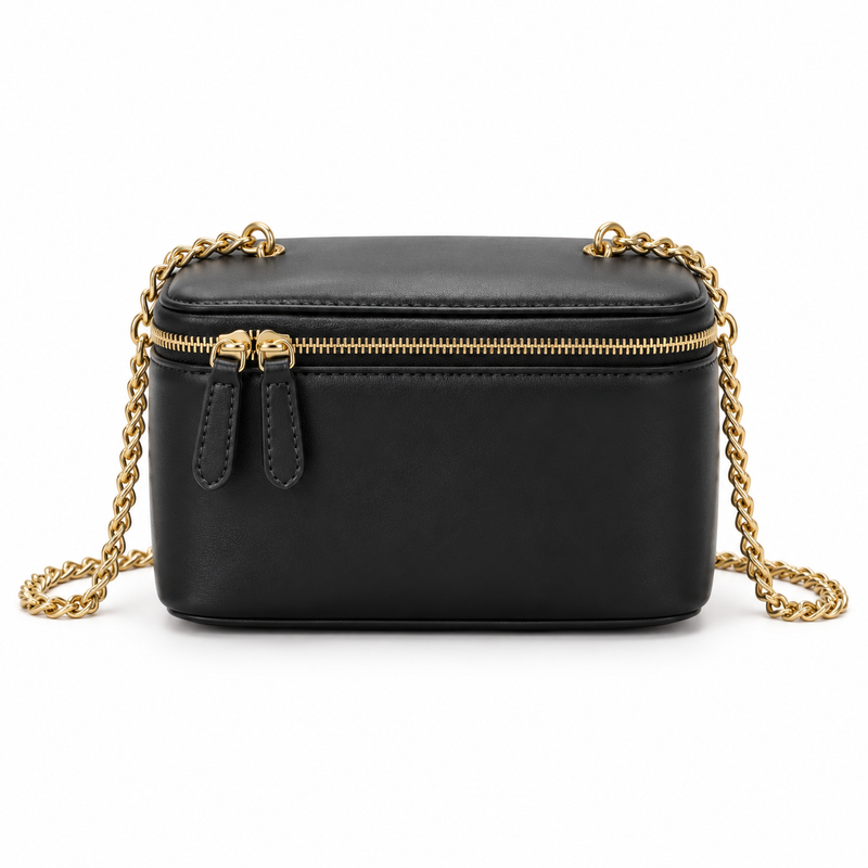 Black Vegan Leather Vanity Shoulder Bag-4