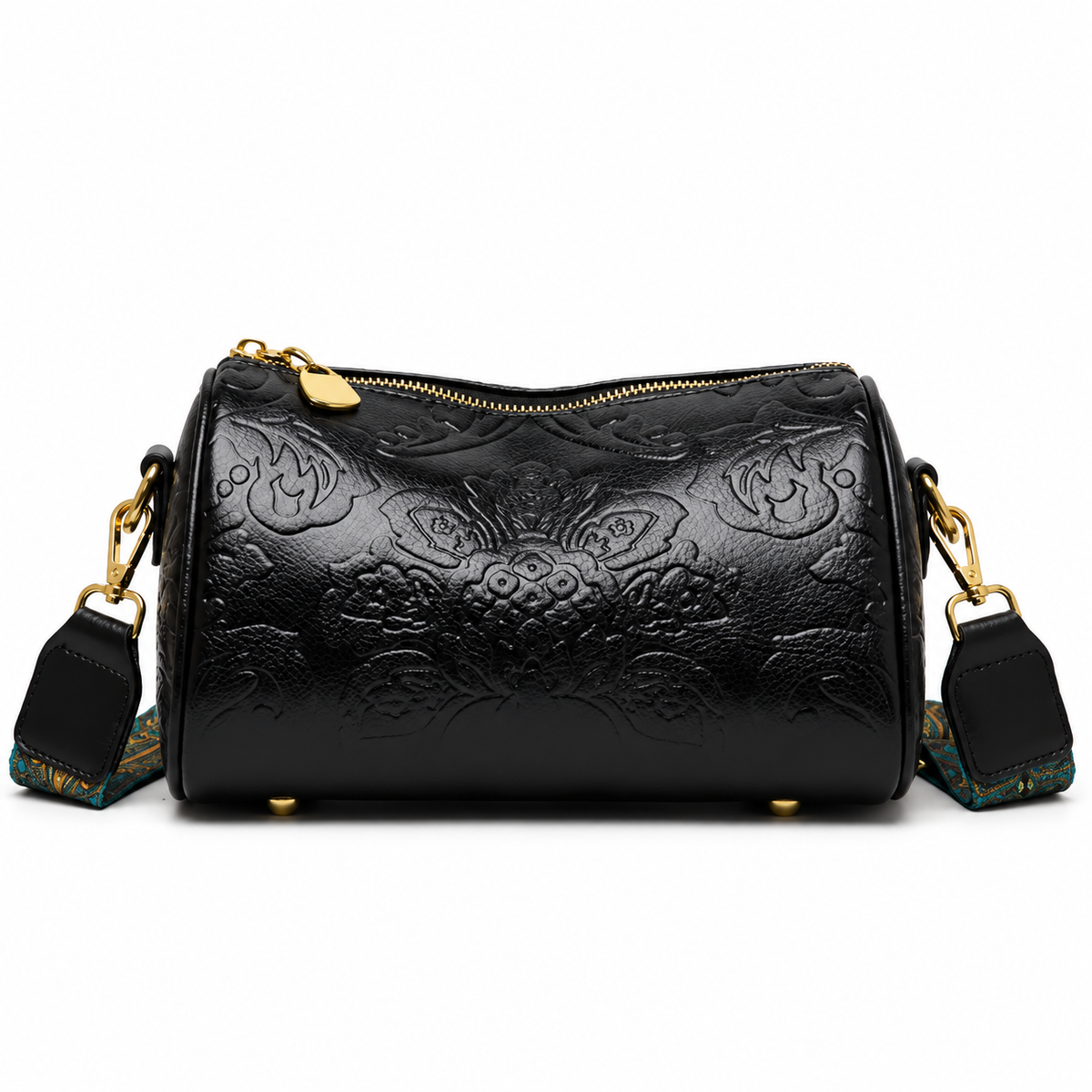 Black Floral Embossed Barrel Vintage Crossbody Bag-4