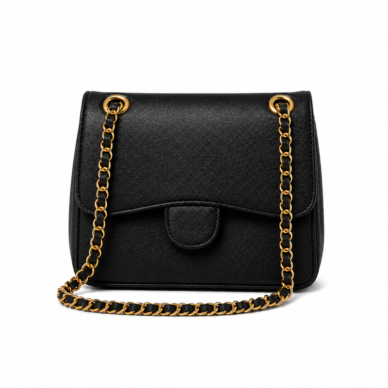 Black Textured Chain Strap Shoulder Bag-2