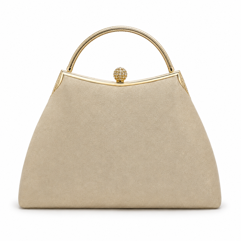 Elegant Champagne Floral Evening Handbag with Rhinestone Clasp-2
