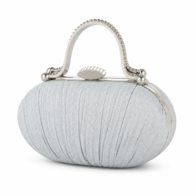 Silver Pleated Evening Clutch Bag with Decorative Metal Handle-4