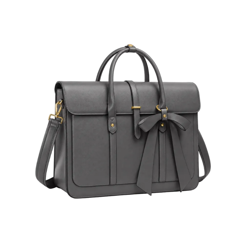 Grey Bow Detail Leather Laptop Bag-1