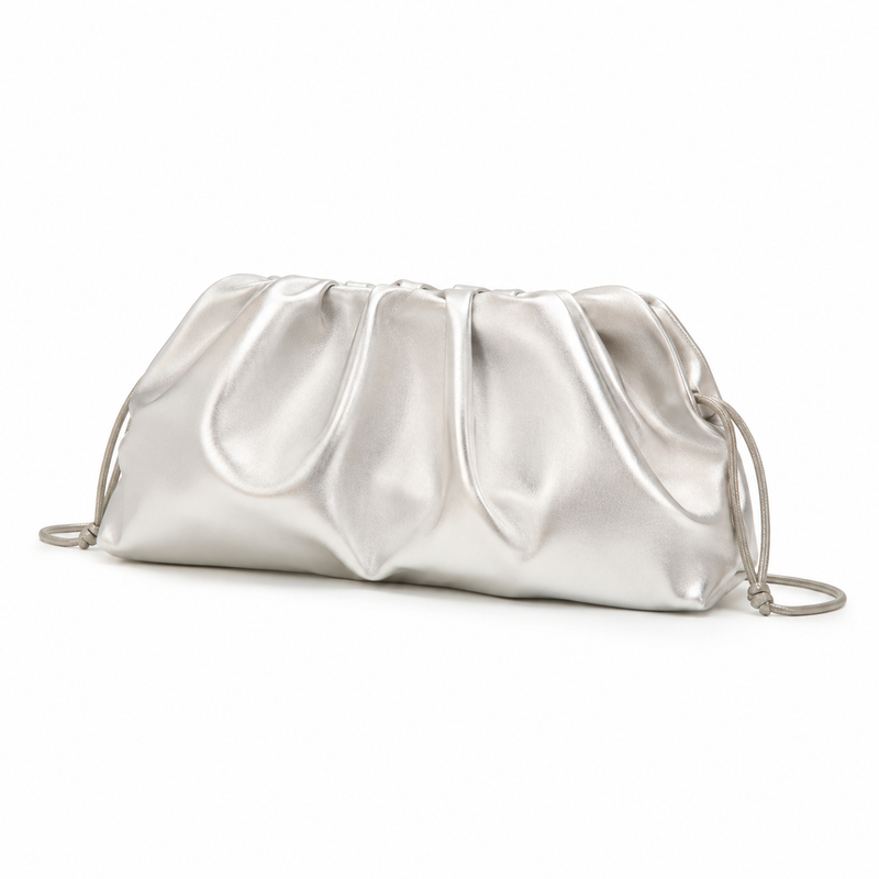 Metallic Silver Ruched Drawstring Clutch Bag-4