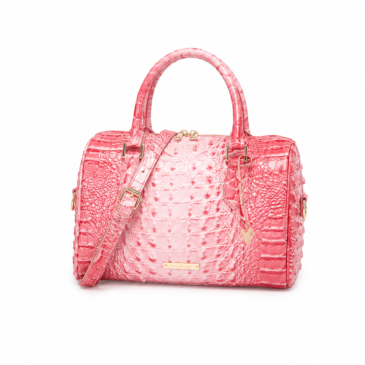 Glossy Pink Crocodile-Embossed Structured Satchel Handbag-2