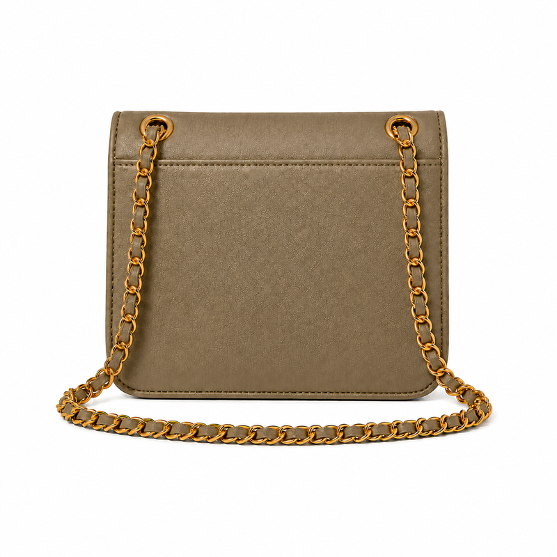Khaki Textured Chain Strap Shoulder Bag-2