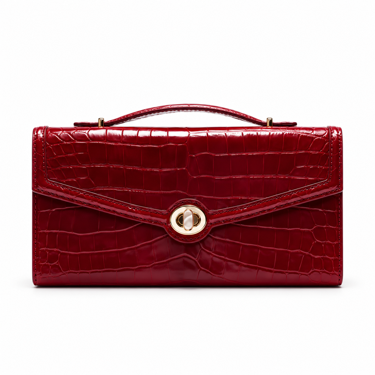 Red Crocodile Embossed Top Handle Clutch-4