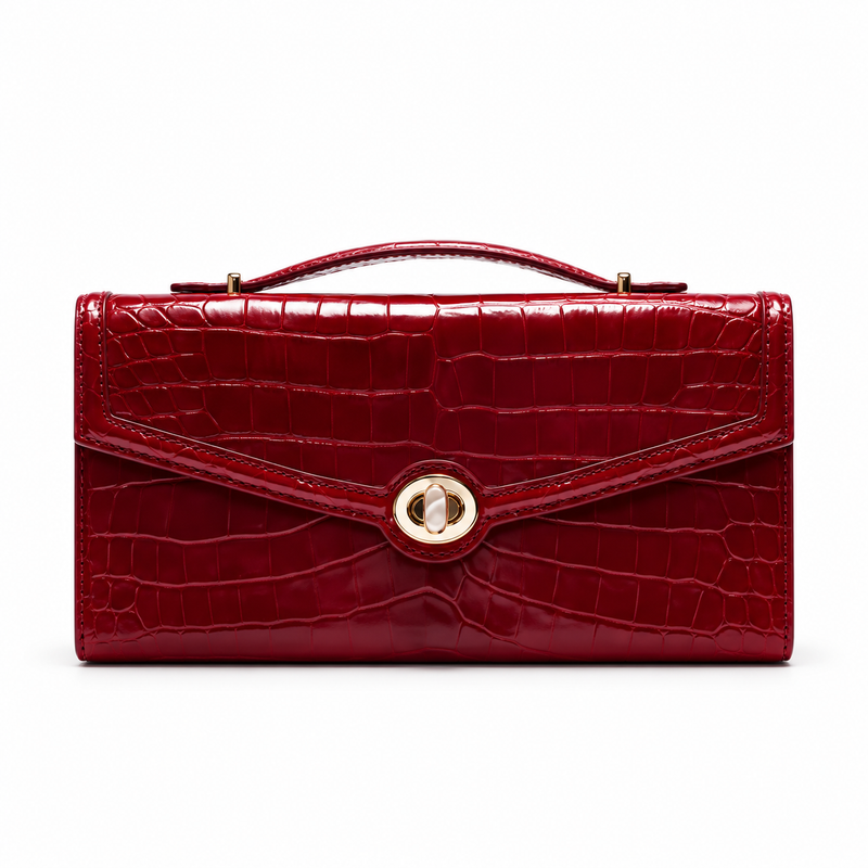 Red Crocodile Embossed Top Handle Clutch-4