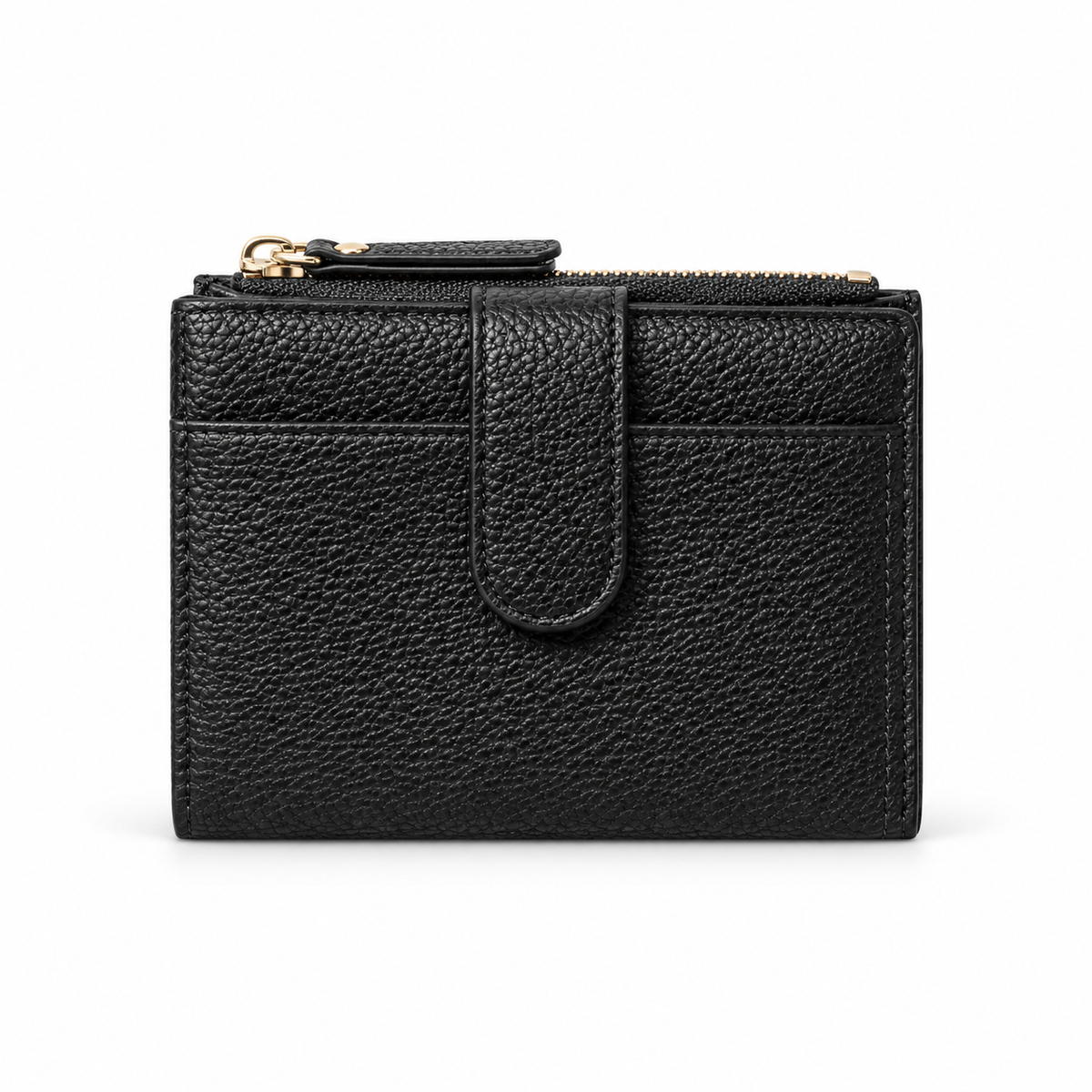 Black Pebbled Compact Wallet With Zipper-4