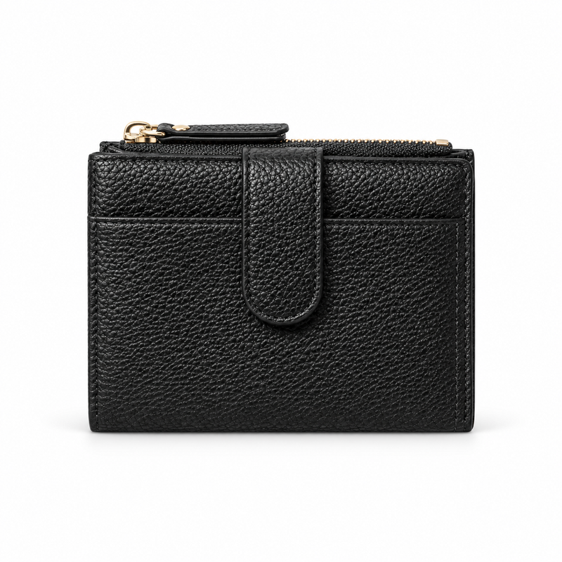 Black Pebbled Compact Wallet With Zipper-4