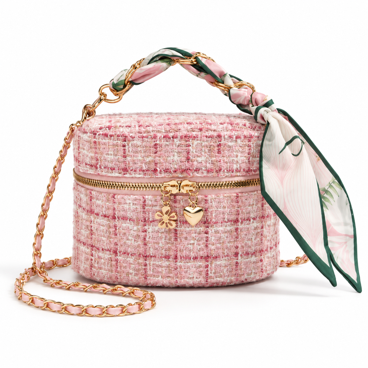 Pink Tweed Crossbody Bag With Scarf-4