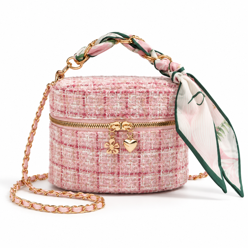 Pink Tweed Crossbody Bag With Scarf-4