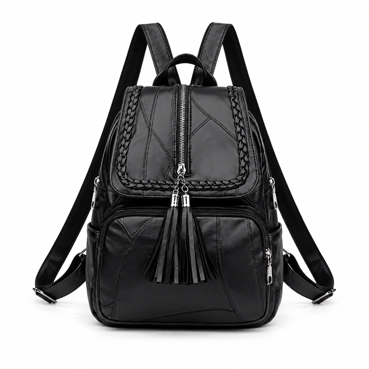 Black Braided Trim Tassel Fashion Backpack-4