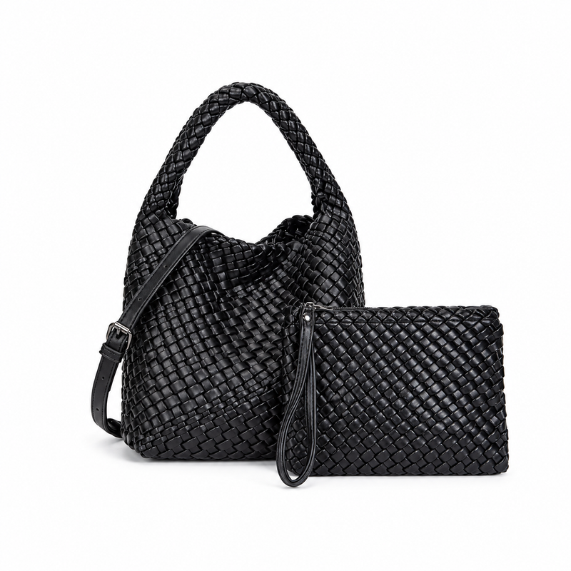 Black Woven Hobo Bag With Pouch-2