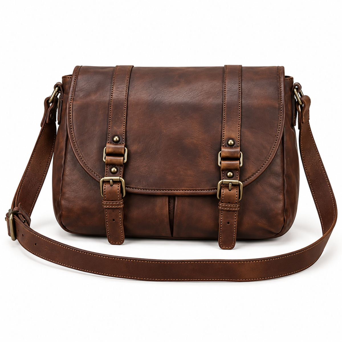 Vintage Coffee Leather Buckle Satchel Bag-4