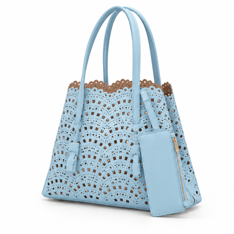 Denim Blue Laser Cut Tote Handbag-3