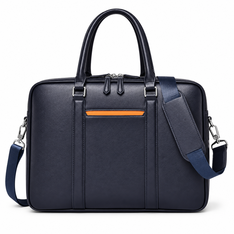 Classic Navy Leather Laptop Briefcase Bag-4