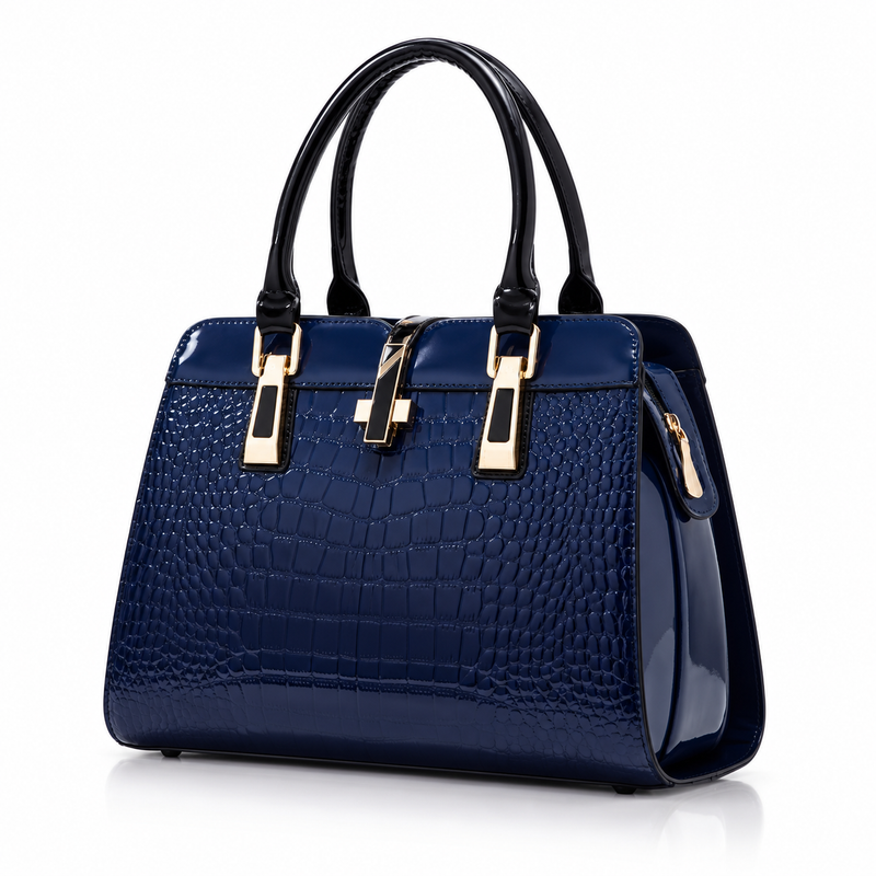 Navy Crocodile Embossed Gold Accent Handbag-2