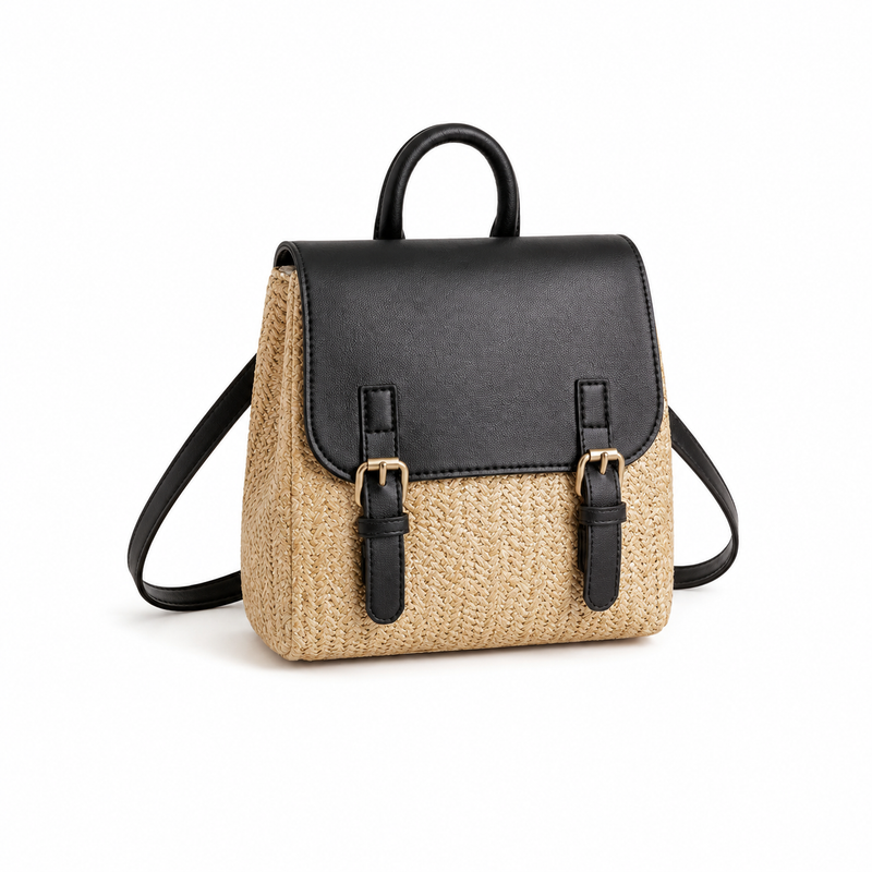 Woven Straw & Black Leather Mini Backpack Handbag-3