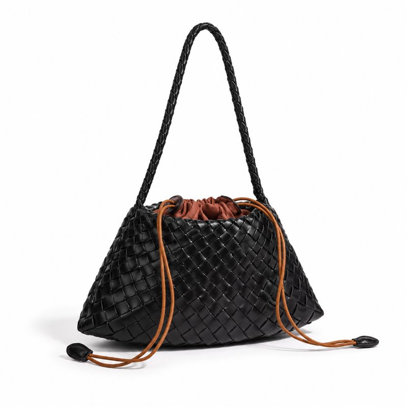 Elegant Black Woven Drawstring Shoulder Bag-1