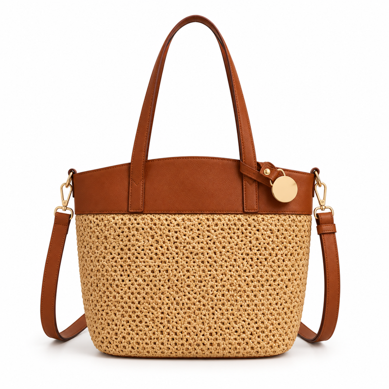 Elegant Woven Tote With Brown Trim-4