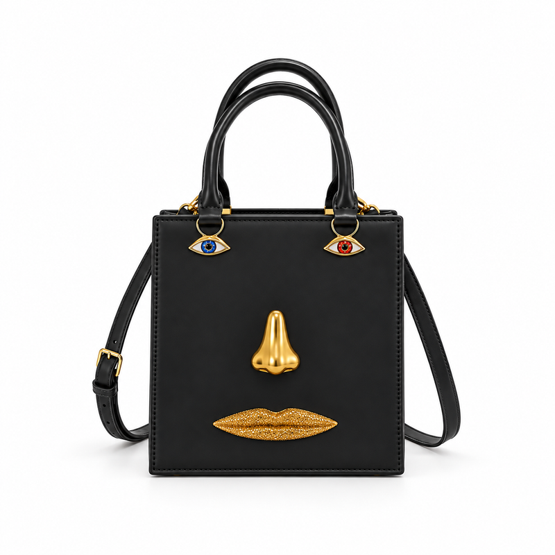 Black Artistic Face Detail Structured Handbag-2