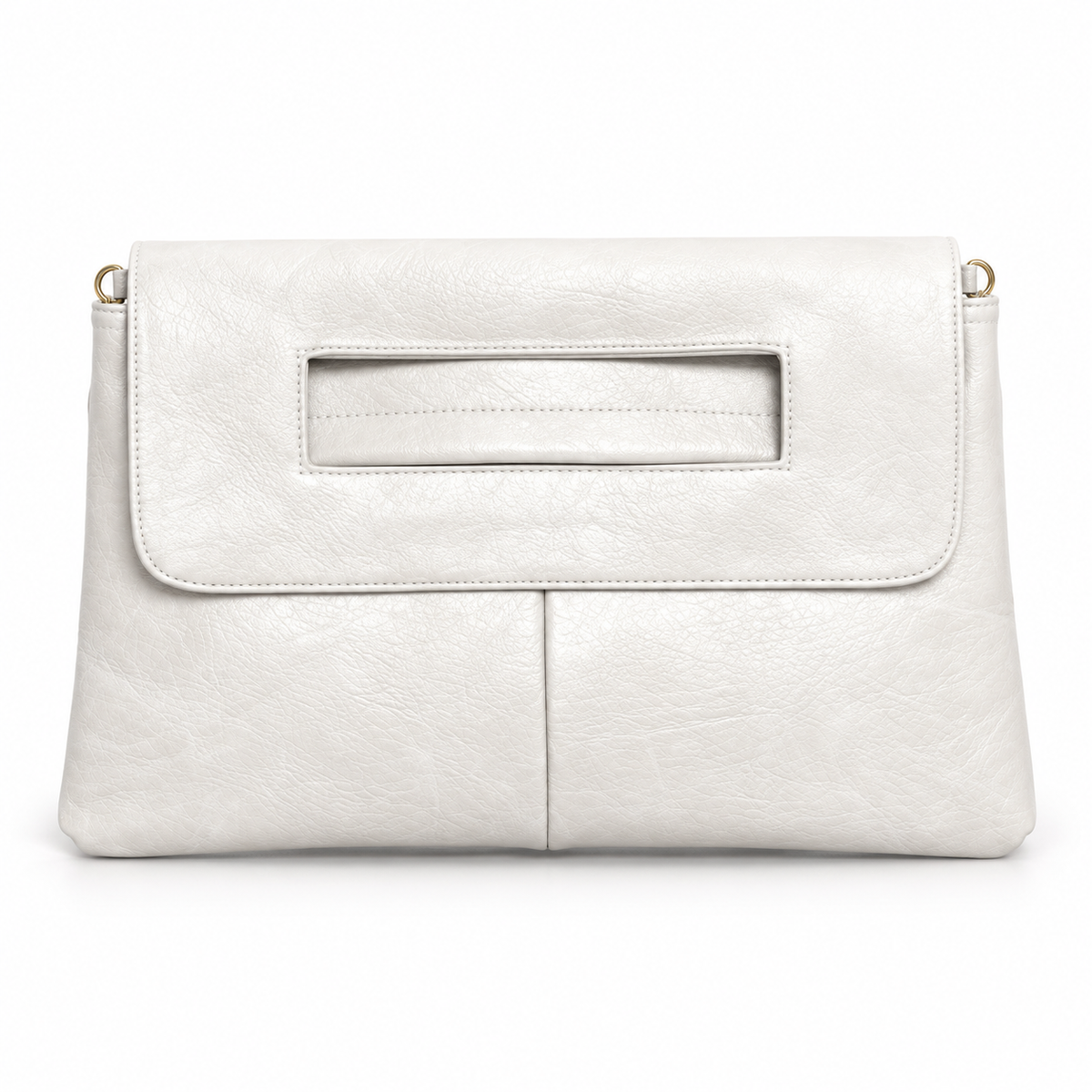 White Textured Leather Cutout Handle Clutch Bag-4