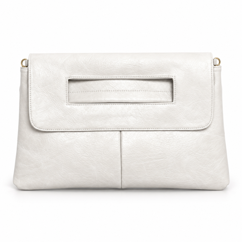 White Textured Leather Cutout Handle Clutch Bag-4