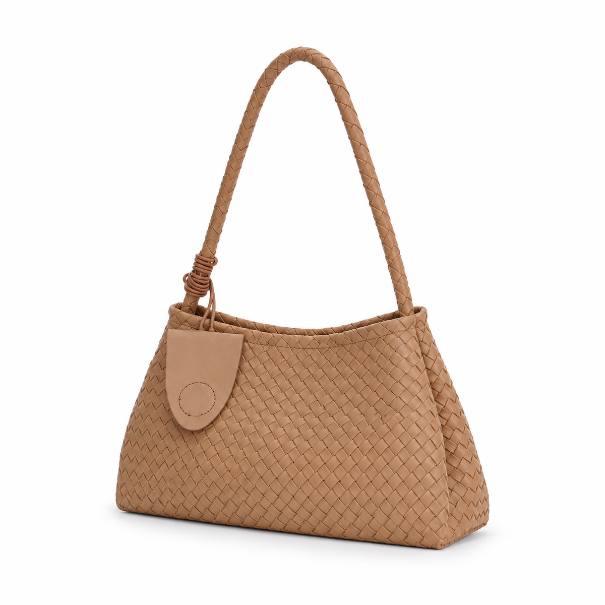 Khaki Woven Shoulder Bag With Charm-3