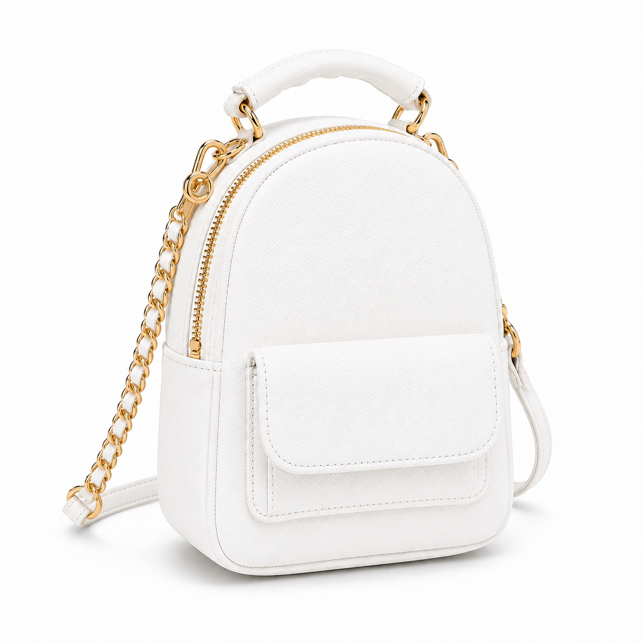 White Textured Mini Backpack Handbag with Gold Chain Detail-3