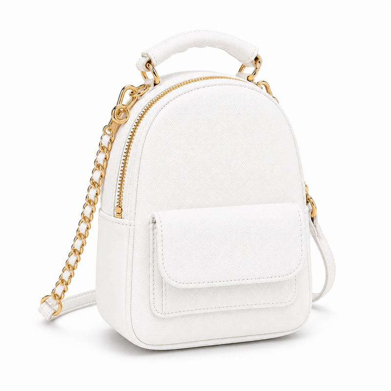 White Textured Mini Backpack Handbag with Gold Chain Detail-3