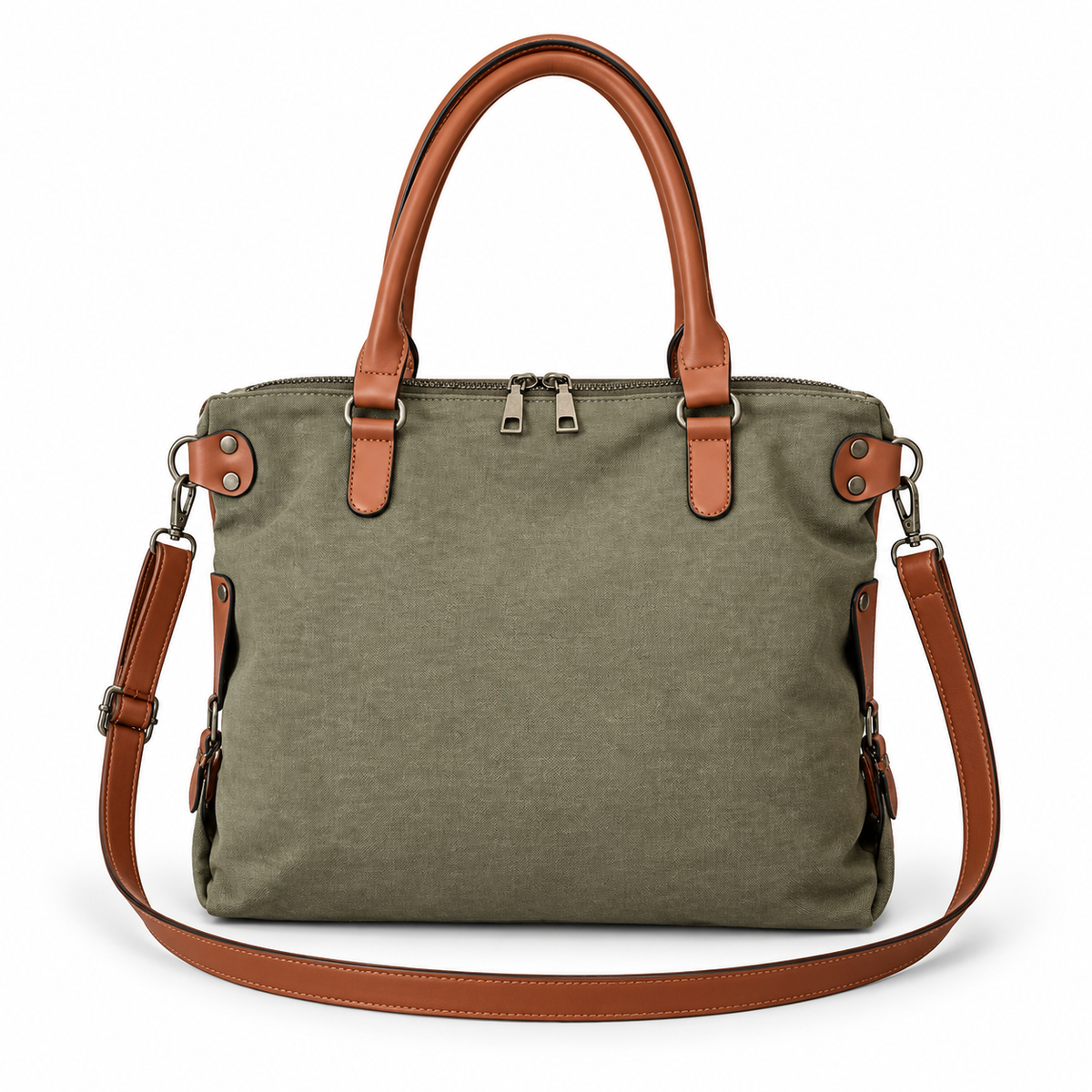 Olive Canvas Leather Paris Tote Bag-2