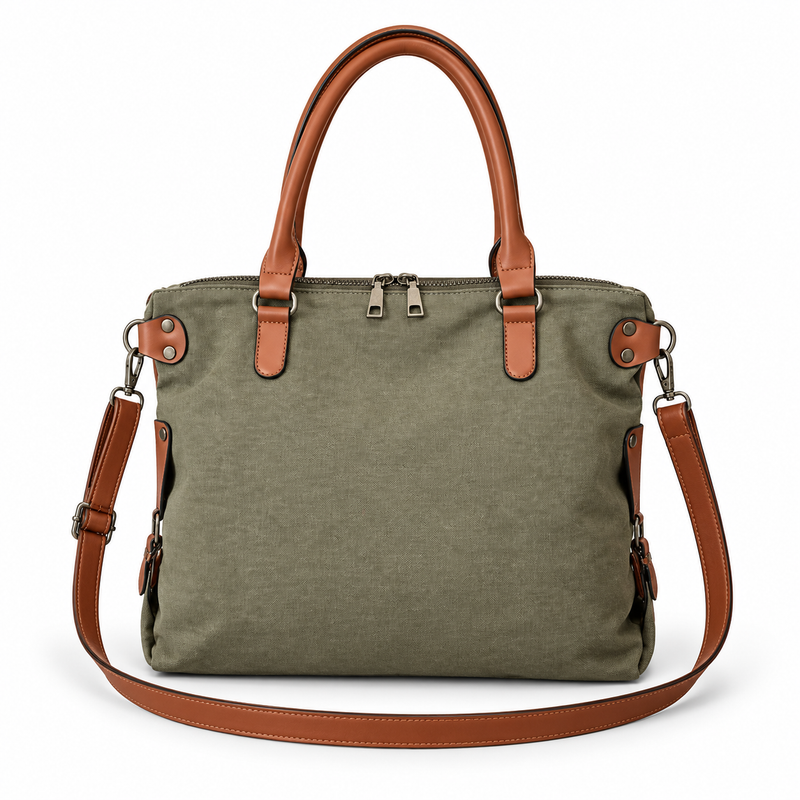 Olive Canvas Leather Paris Tote Bag-2
